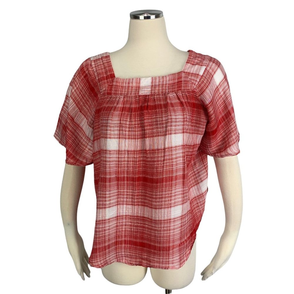 Universal Thread Large Top Red Plaid Short Sleeve Country Summer Rayon